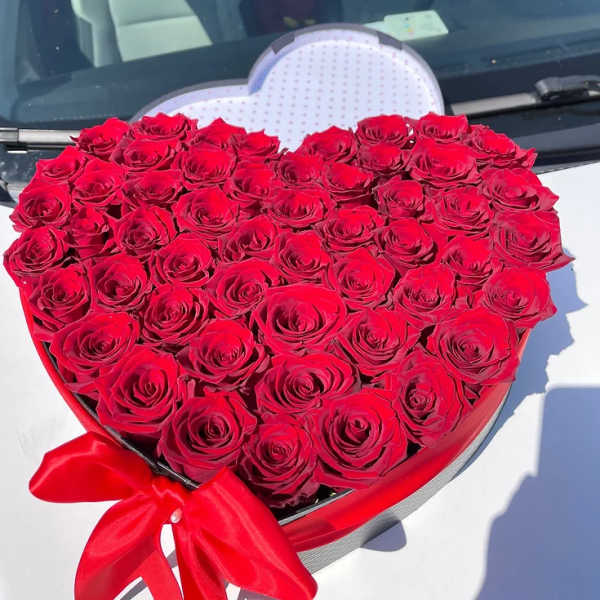 Heart-shaped box filled with red roses and tied with a red ribbon