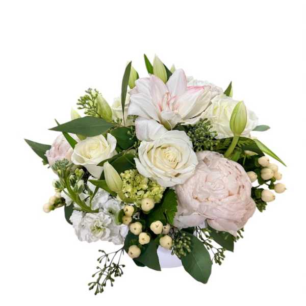 White and blush bouquet with roses, lilies, and peonies