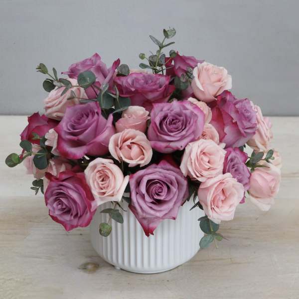 Compact arrangement of pink and purple roses in a white ribbed ceramic pot