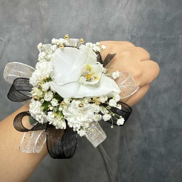 Gold Black White Orchid corsage