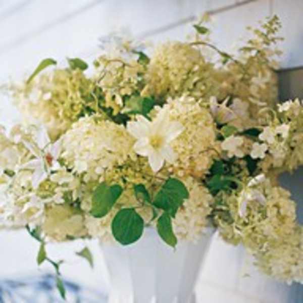 White floral arrangement in a tall white vase