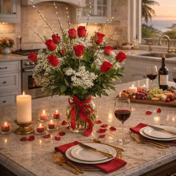 Red roses in a glass vase on a candlelit dining table