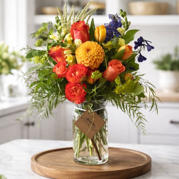 Colorful mixed bouquet in a clear glass jar vase