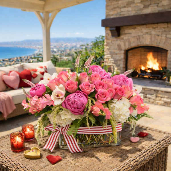 Pink and white floral arrangement in a glass vase with a striped ribbon