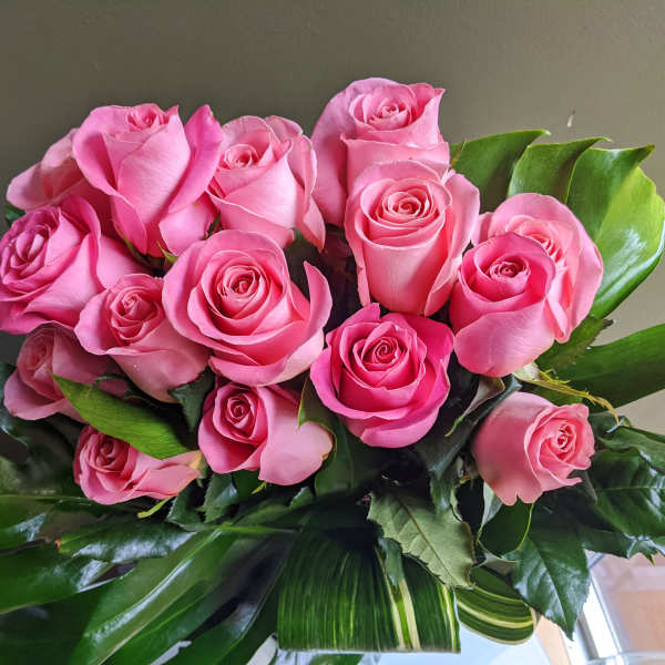Bouquet of pink roses with broad green leaves
