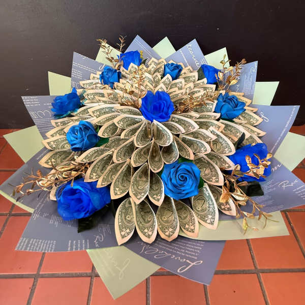 Blue & Gold Money Bouquet ($100 in 1 dollar bills)