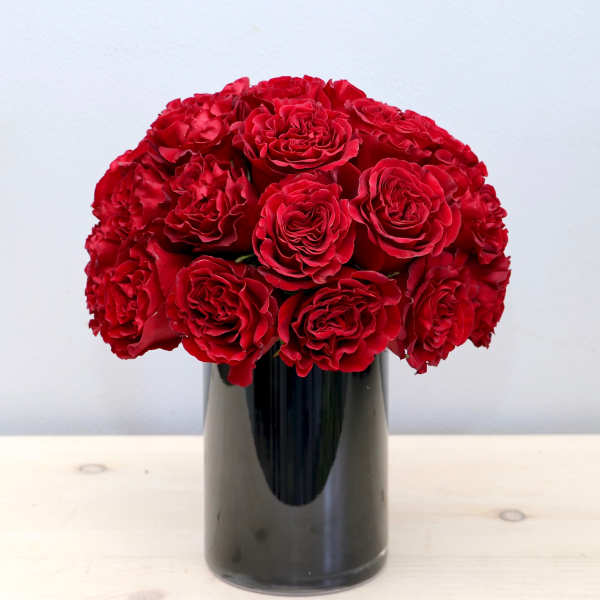 Compact arrangement of red roses in a glossy black cylinder vase