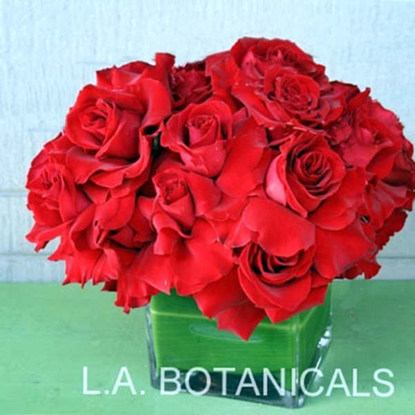 Red rose bouquet in a square glass vase