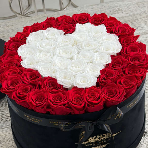 Red & White Heart Preserved Roses Luxury Velvet Box