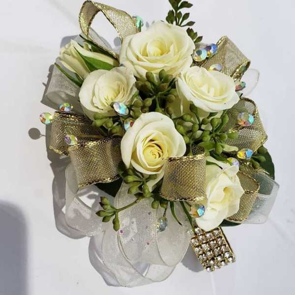 Wrist Corsage with gold ribbon with rhinestones- please call shop to order