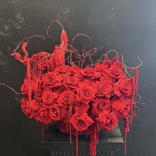 Red rose arrangement with trailing red amaranthus in a low container