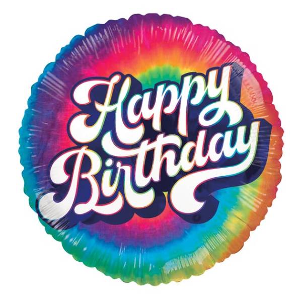 Rainbow foil balloon with "Happy Birthday" text
