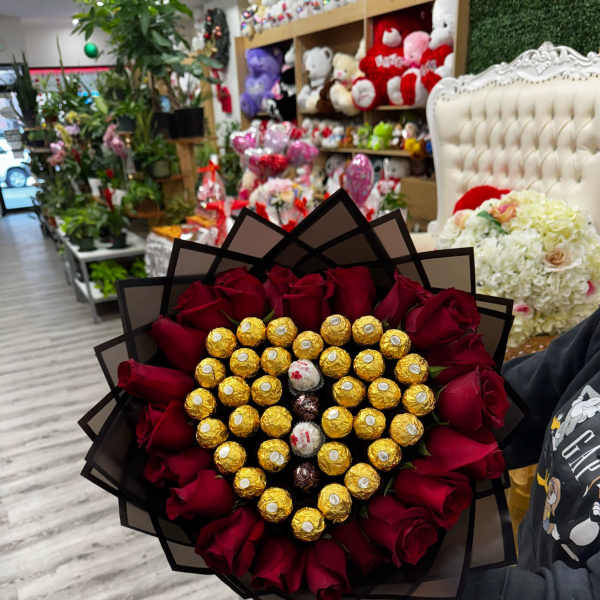 bouquet of roses with chocolates