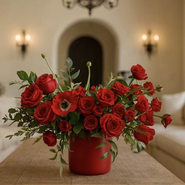 Red roses arranged in a red vase on a table