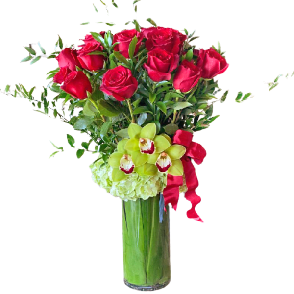 Long Stem Premium Red Rose arrangement with Orchids and Hydrangea