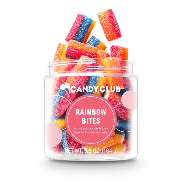 Jar of multicolor sugar-coated gummy rainbow bites with a pink label