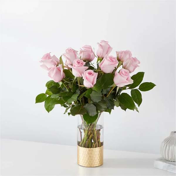Pink Rose Bouquet in gold-dipped vase