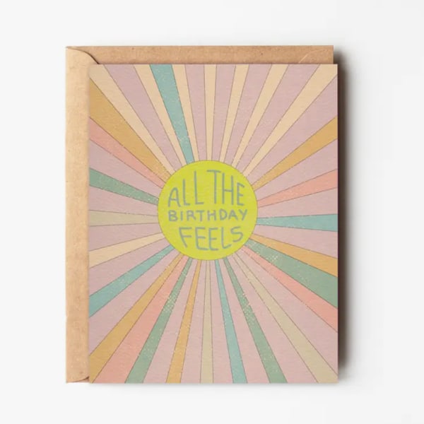 Birthday card with pastel sunburst design and "All the Birthday Feels" text
