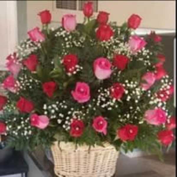 Basket arrangement of pink and red roses with baby's breath