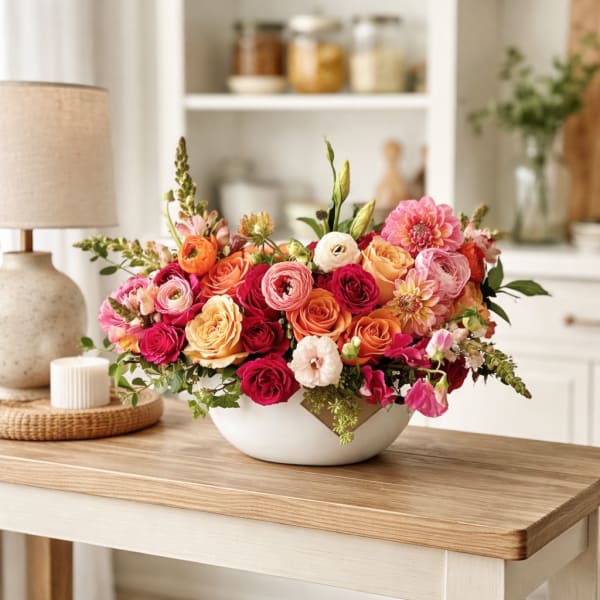 Mixed bouquet of pink, orange, and white flowers in a white bowl vase