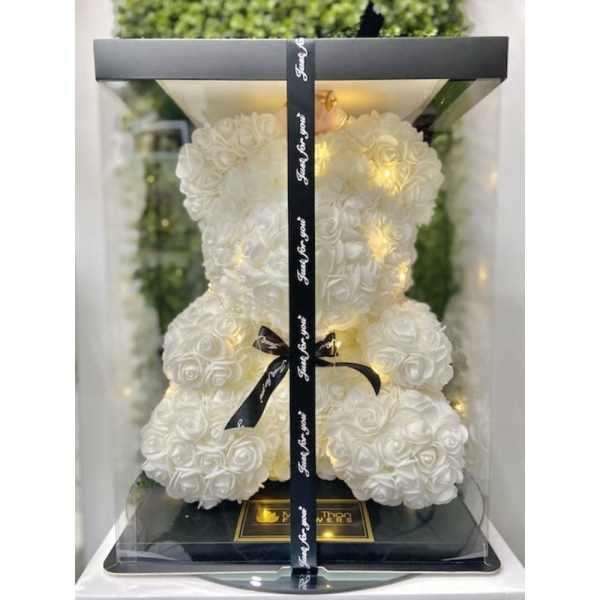 White rose teddy bear with string lights in a clear display box with black lid and ribbon