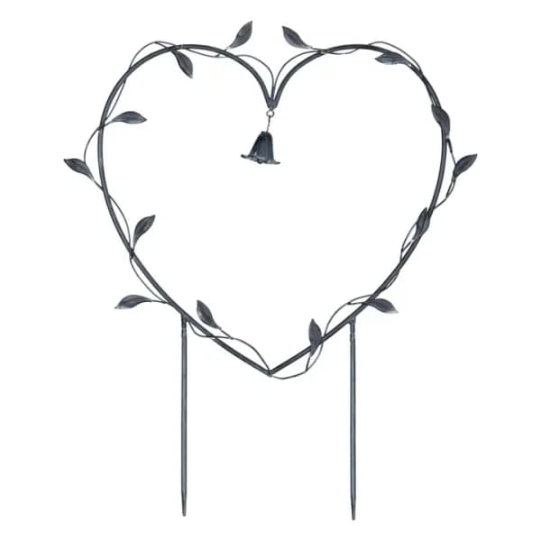Black heart-shaped metal garden stake with a small hanging bell