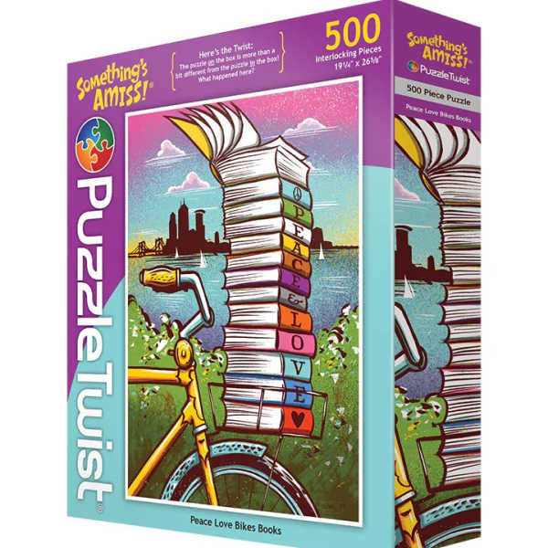 Box for a 500-piece puzzle with a bicycle and stacked books illustration