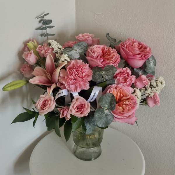 Romance vase- garden rose, lily, mini roses, eucalyptus
