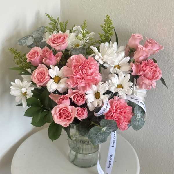 Rustic joy vase-Daisy,mini roses,Eucaliptus and solidago