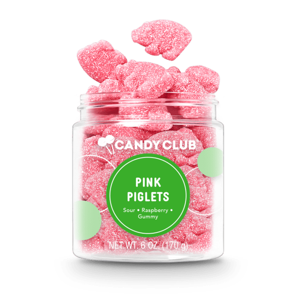 Jar of pink gummy candies with a green label