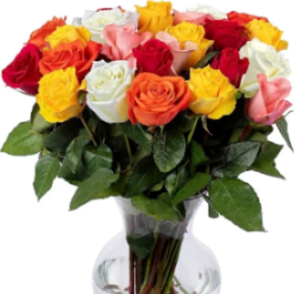 Mixed roses in a clear glass vase