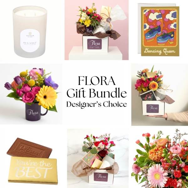 Collage of colorful floral gift bundles with a candle, chocolates, and cards labeled Flora Gift Bundle.