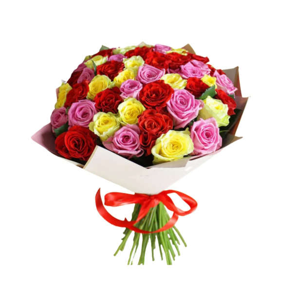 Hand-tied bouquet of red, pink, and yellow roses wrapped in white paper with a red ribbon bow