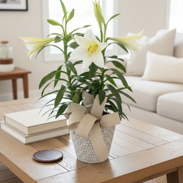 Potted white lily plant with open blooms and buds in a patterned pot with a beige ribbon bow on a coffee table.