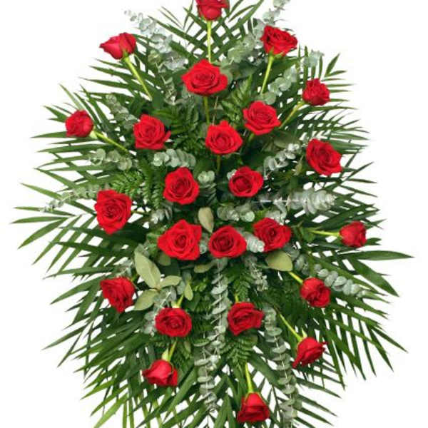 Standing spray of red roses with palm fronds and eucalyptus