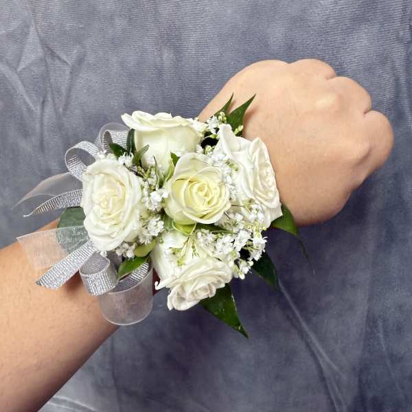 Silver White Spray Roses wrist Corsage