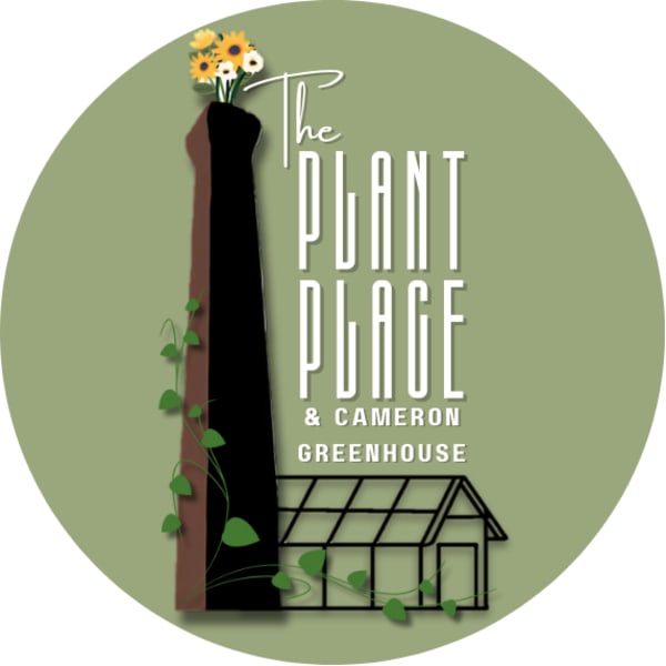 Logo with flowers above a greenhouse illustration and the text The Plant Place