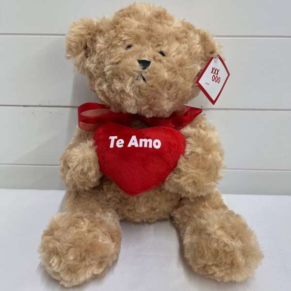 Tan teddy bear holding a red heart with the words "Te Amo" on a white surface