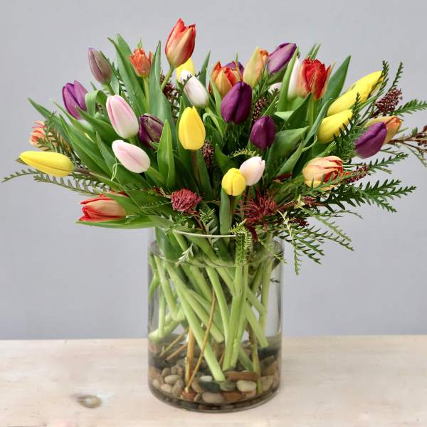 Tall clear glass vase of mixed-color tulips with river stones at the base