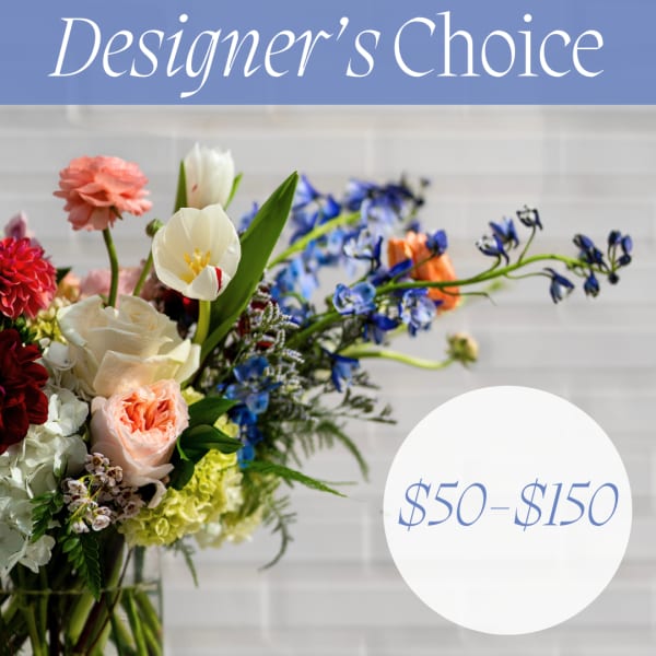 Mixed bouquet with tulips, roses, and blue flowers