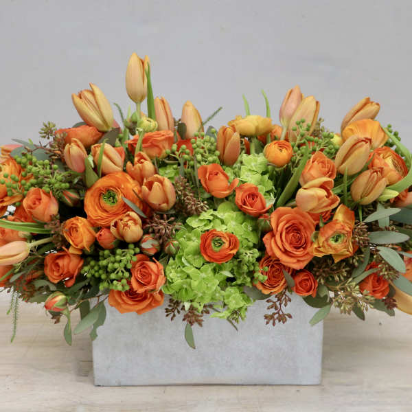 Low rectangular arrangement of bright orange roses, tulips, and ranunculus with green hydrangeas