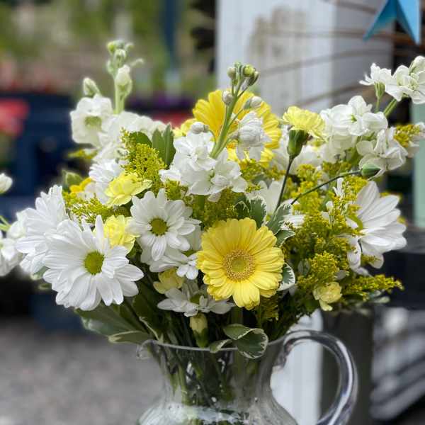 Yellow and white daisies in a clear glass pitcher vase