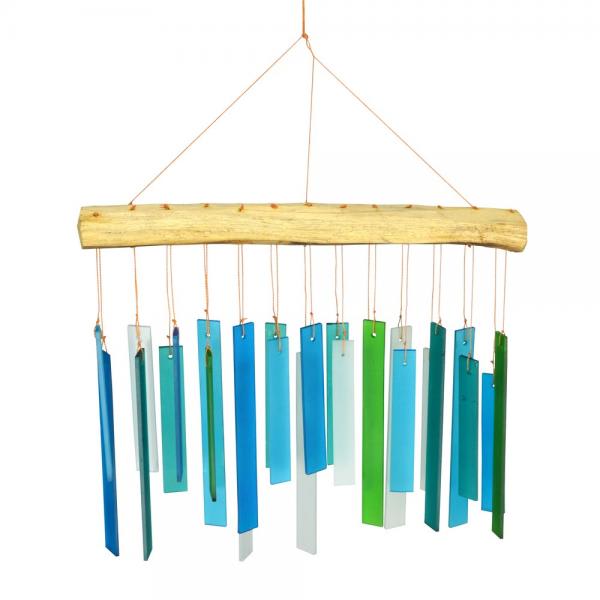 Wooden wind chime with blue and green hanging bars