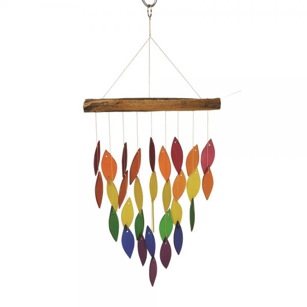 Colorful leaf-shaped hanging mobile on a wooden bar