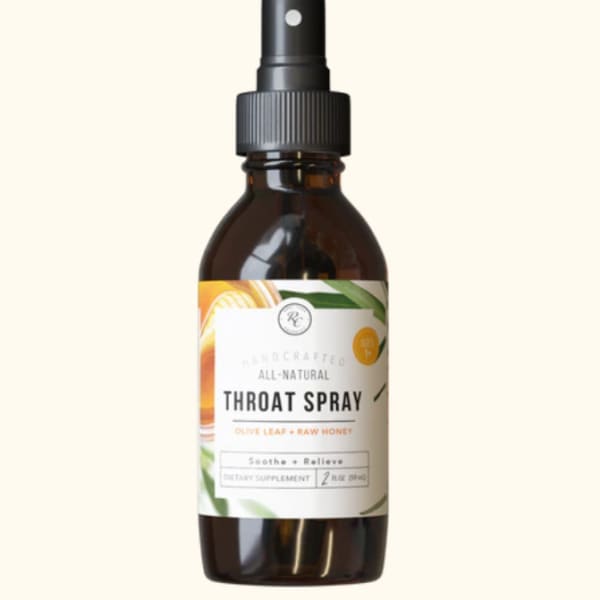 Amber spray bottle labeled throat spray