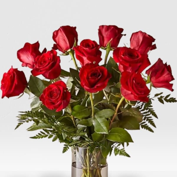 Red Rose's with gold baton vases (NO BABY BREATH)