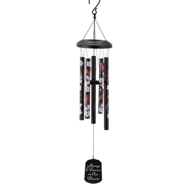 Black memorial wind chime with floral tubes and a hanging plaque