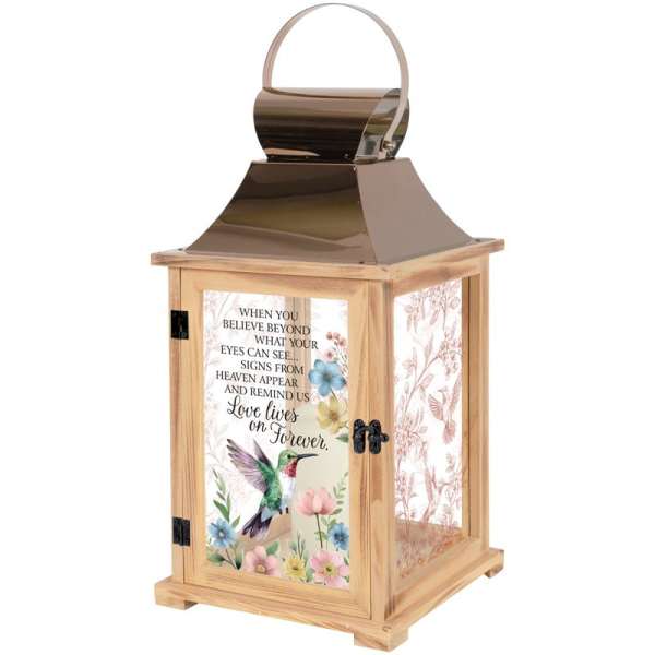 Wooden memorial lantern with a hummingbird and floral print panel
