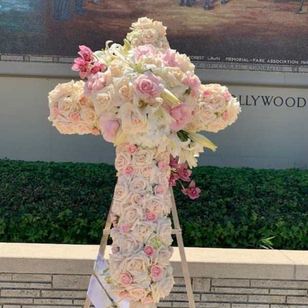 Heavenly Pink & White Rose Cross Funeral Tribute