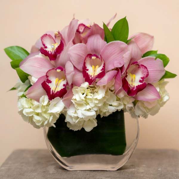 Pink orchids and white hydrangeas in a clear glass vase